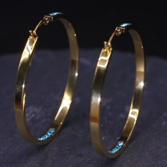 Gold Hoops Aqua Blue Rhinestone Big Sparkle Hoop Earrings Cz Crystal Channel - Picture 9 of 11